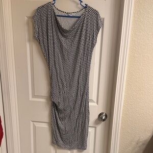 CAbi Monroe Black & White Ruched Drape Neck Geometric Stretch Sheath Dress S